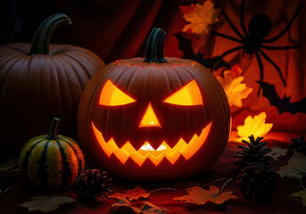 Fototapeta premium Illuminated jack-o'-lantern on a table with autumn decorations. A spooky still life scene with holiday spirit. Festive season, halloween concept, fall decorations.