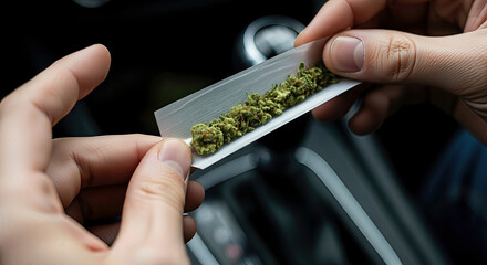 Close-up of man's hands rolling marijuana joint in a car. An illegal activity with recreational drug. Addiction treatment, alternative medicine, cannabis culture.