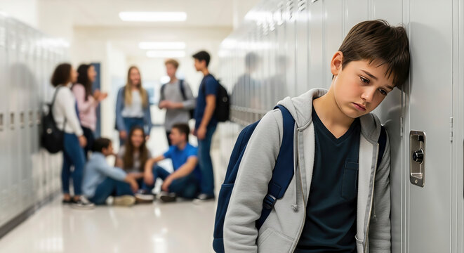 Sad young boy leans against lockers in a school hallway. A somber shot of peer pressure and isolation. Social exclusion, adolescence, difficult emotions.