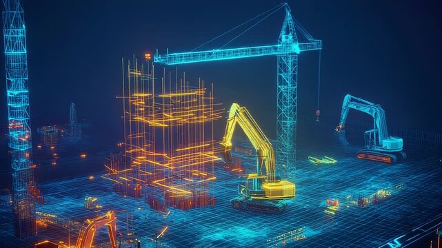 Construction site hologram with cranes and excavators building future city