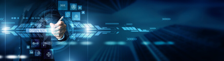 The manager checks digitization initiatives, workflow automation, paperless transformation systems, seamless connection, virtual screen cloud storage data access innovation connectivity.