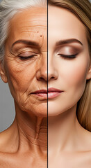 Halved faces showcasing aging and youth. A compelling studio portrait of contrast and transformation. Ageless beauty, rejuvenating skincare, before and after.