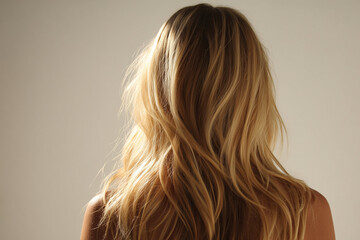 Fototapeta premium Woman with long blonde hair and soft waves against a neutral background in a serene indoor setting Generative AI