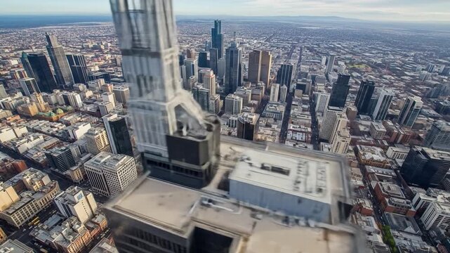 Aerial view of a sprawling cityscape dominated by numerous highrise buildings viewed from a high vantage point on a skyscraper