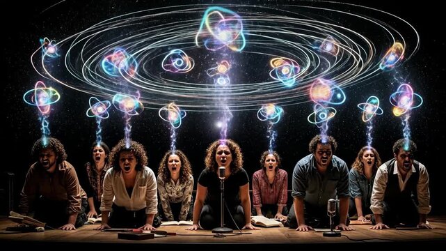 Poets Performing Powerful Poetry with Cosmic Effects - A group of poets performs intensely, kneeling on stage with books before them.