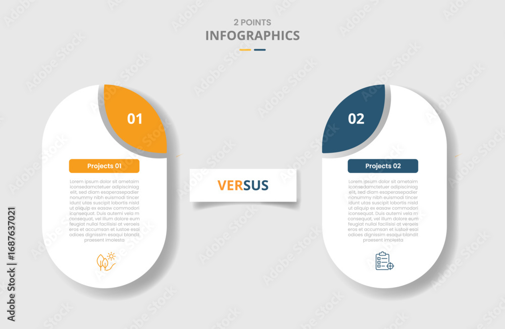 Poster 2 points comparison versus for infographic with round rectangle capsule shape with drop shadow with 
