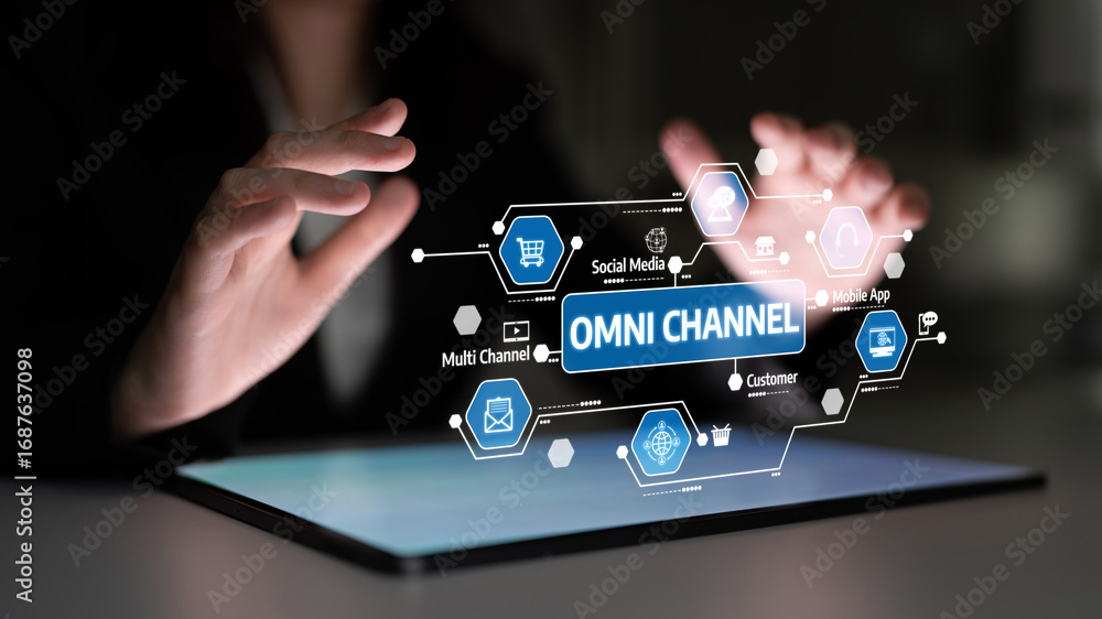 Poster a close-up view of hands interacting with a digital interface representing omni channel concepts lik