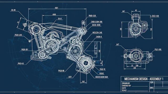 Engineering Mechanism Design Blueprint - Detailed engineering drawing of a complex mechanism, displayed on a dark blue background.