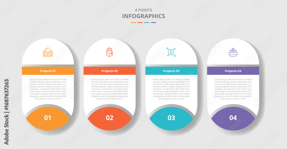 Poster 4 points template infographic with round rectangle box capsule with badge on bottom with drop shadow