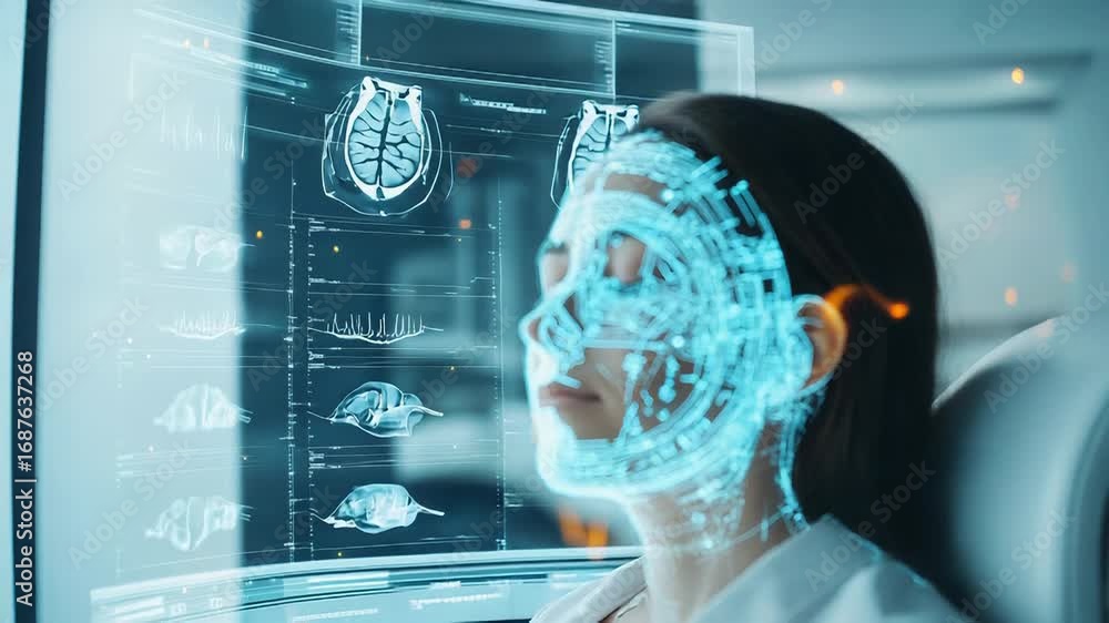 Poster scientist analyzing holographic projection of human face and brain scans on futuristic transparent d