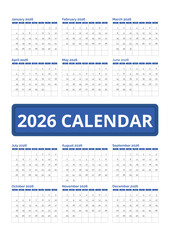 2026 calendar yearly planner and date organizer template with highlighted blue accents