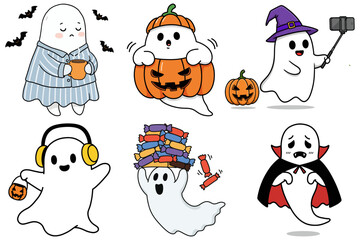 Cute Halloween Ghost Vector Illustration Bundle