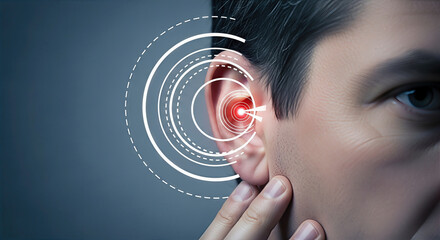 Man touching his ear with red pulsating pain area and illustrated sound waves. A conceptual close-up shot for an ear ache. Hearing problem, tinnitus relief, audiology concept.