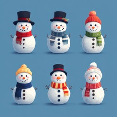 Snowmen in varying hats and scarves ready for winter festivities in a cheerful holiday setting