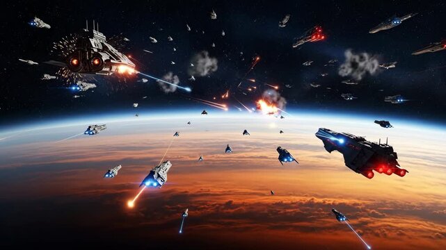 Epic Space Battle Above Planet - A dramatic space battle unfolds above a planet's fiery atmosphere, with numerous spaceships engaging in intense combat, firing lasers and missiles.