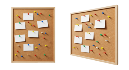 Cork bulletin board with colorful pushpins and blank notes.