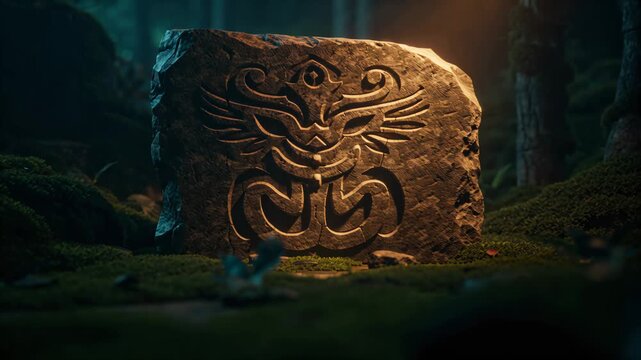 Ancient stone with mystical carved symbols in forest