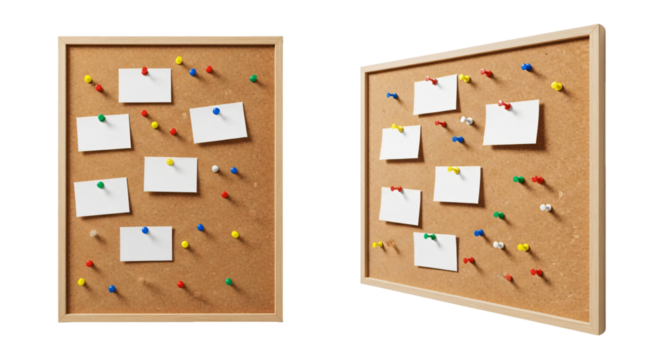Cork bulletin board with colorful pushpins and blank notes.