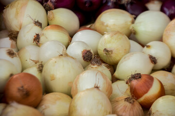 Close up of white and brown onions on display at a farmers market