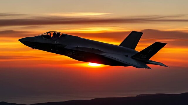 F-35 Stealth Fighter Jet at Sunset - A silhouetted F-35 Lightning II stealth fighter jet flies in front of a vibrant sunset.