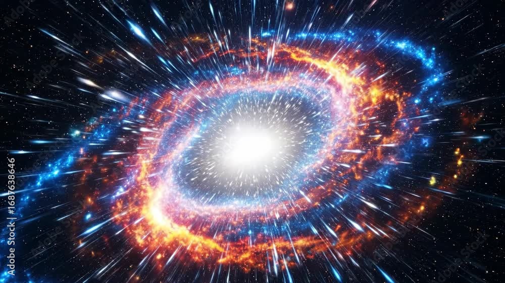 Poster radiant space burst - fast-moving particles converge in a brilliant burst of light and color within 