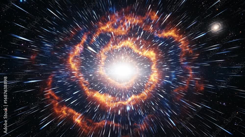 Poster radiant space burst - fast-moving particles create a radiant burst of light and color in deep space.