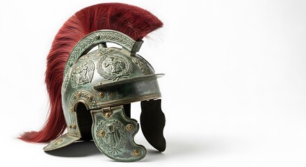 Roman Helmet with Red Plume, and White Background.