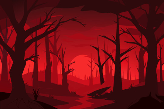 Eerie red forest landscape with a setting sun and winding stream
