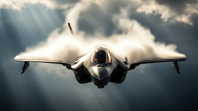 F-35 Lightning II Stealth Fighter Jet in Flight - A dramatic close-up shot of an F-35 Lightning II stealth fighter jet piercing through clouds, with vapor trails emanating from its wings.