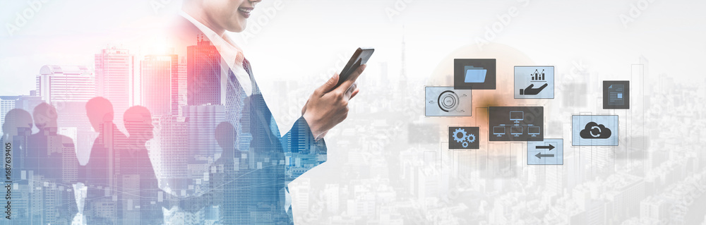 Poster digital business infrastructure with data system, analytics, sync. system management improves access