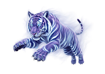 Obraz premium Majestic tiger pouncing with intense gaze and striking stripes white background