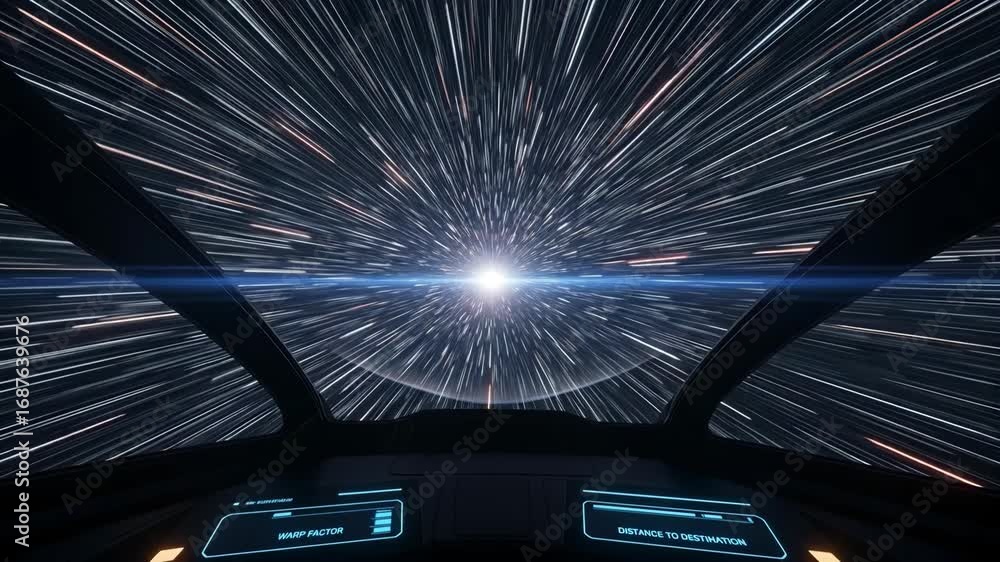 Poster hyperspace jump: futuristic spaceship cockpit view - a first-person perspective from inside a spaces