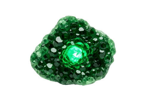 A vibrant cluster of emerald-green crystals radiates intense light from a central luminescent core.