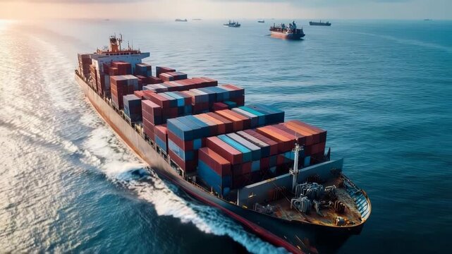 Cargo ship transporting containers across the sea, global commerce and logistics