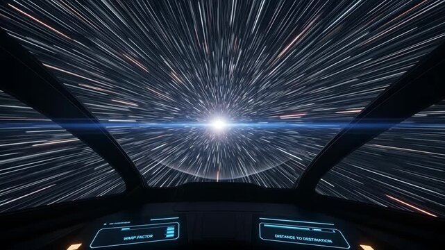 Hyperspace Jump: Futuristic Spaceship Cockpit View - A first-person perspective from inside a spaceship cockpit during a warp speed hyperspace jump.
