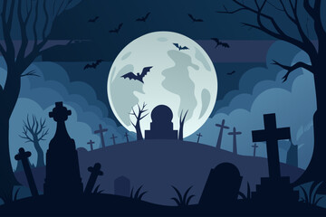 Spooky halloween cemetery scene under a full moon