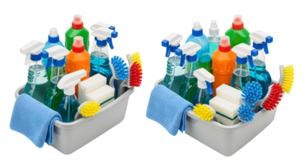 Colorful Household Cleaning Supplies Kit in Grey Caddy with Brushes and Sprays.