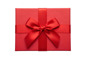 A red gift box with a vibrant satin ribbon bow, presented against a stark black background.