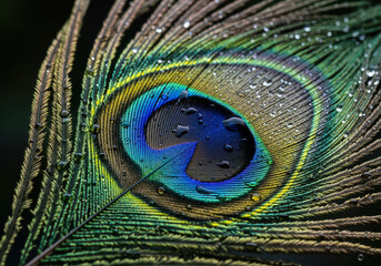 Obraz premium Vibrantly colored feathers adorned with numerous water droplets