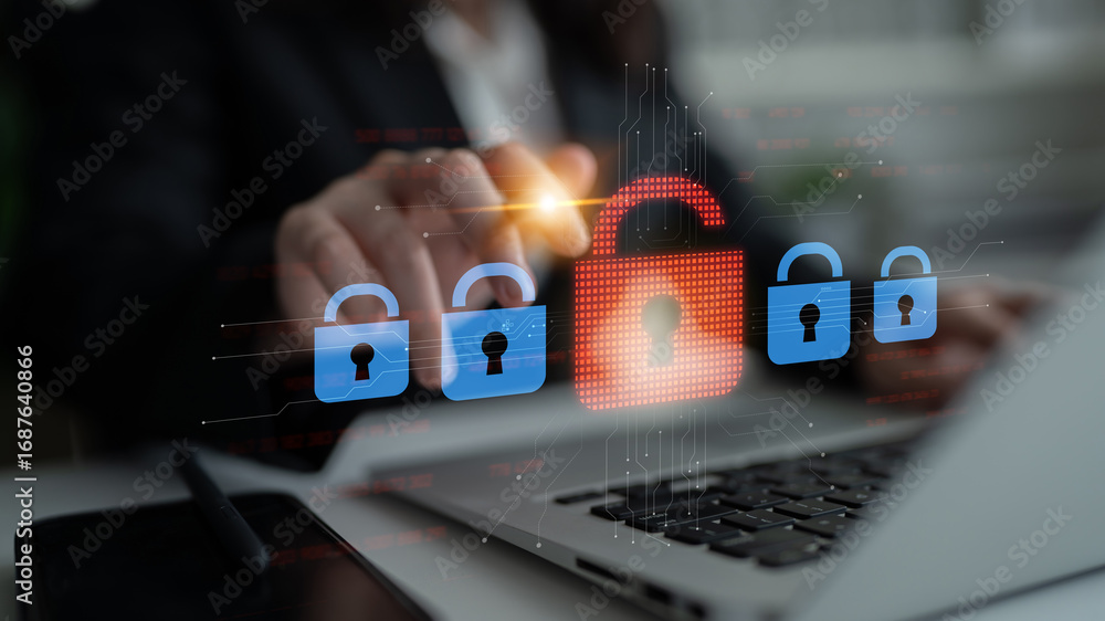 Poster digital security concept illustrating a cybersecurity breach, with a red unlocked padlock indicating
