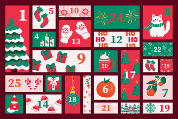 Fototapeta premium Christmas advent calendar. Countdown to Christmas. Cute holiday calendar, with cat, fir trees, tangerines, different New Year elements vector template.