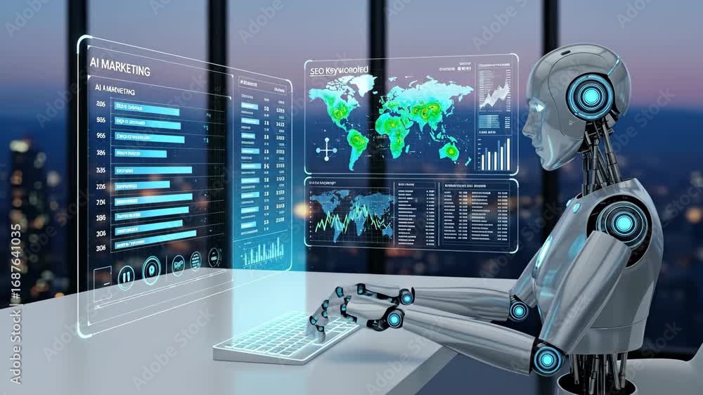 Poster ai robot analyzing marketing data - a futuristic robot sits at a desk, working on a computer display
