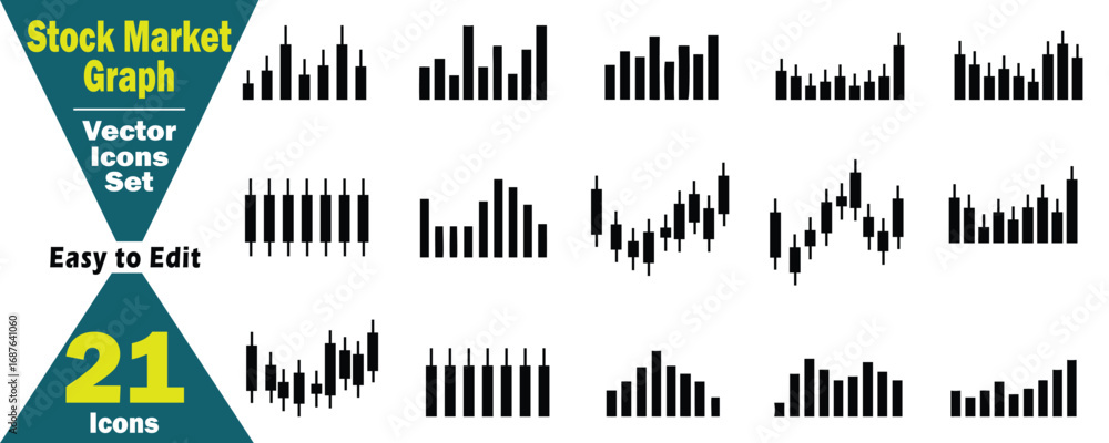 Aufkleber assortment of 21 vector icons displaying stock market bar and candlestick charts graph