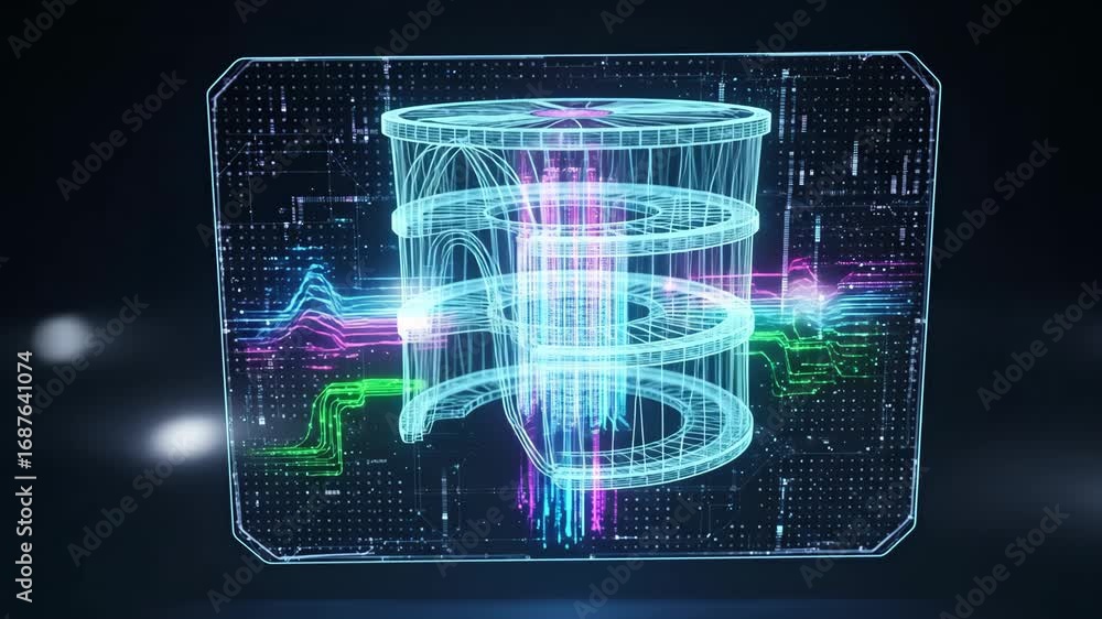 Poster futuristic quantum computer hologram - a wireframe hologram of a quantum computer is displayed on a 