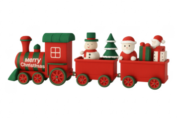 Christmas train carrying santa claus, snowman and gifts on transparent background
