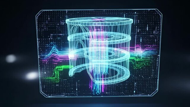Futuristic Quantum Computer Hologram - A wireframe hologram of a quantum computer is displayed on a screen, showcasing intricate digital patterns and vibrant neon colors.