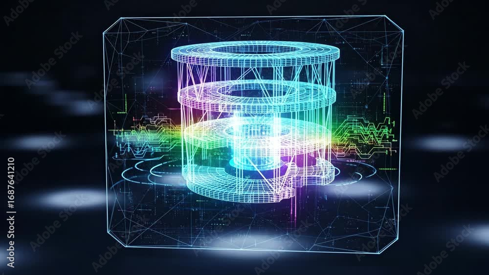 Poster futuristic quantum computer hologram - a wireframe hologram of a futuristic quantum computer is disp