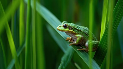 Fototapeta premium Green Frog Sitting on Grass Blade in Fresh Nature Environment