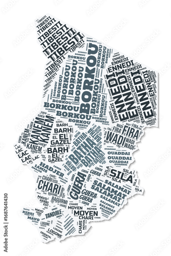 Poster chad shape text cloud. country border with shadow on white background. chad with regions division in