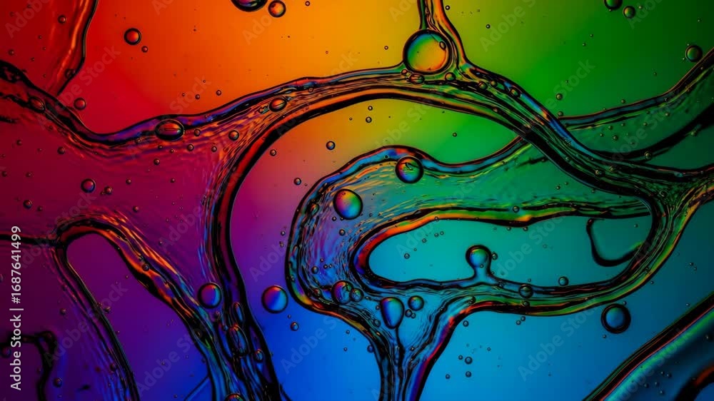 Poster abstract oil and gasoline movement - close-up view of colorful oil and gasoline mixing and creating 